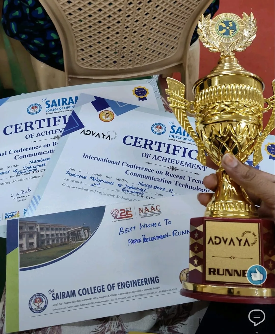 ADVAYA trophy and ICRCCT 2K24 certificates