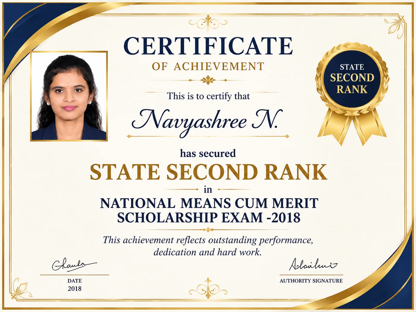 Certificate of Achievement — State Second Rank, National Means Cum Merit Scholarship Exam 2018
