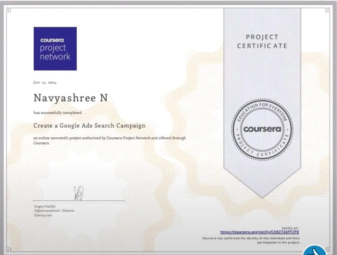 Create a Google Ads Search Campaign certificate