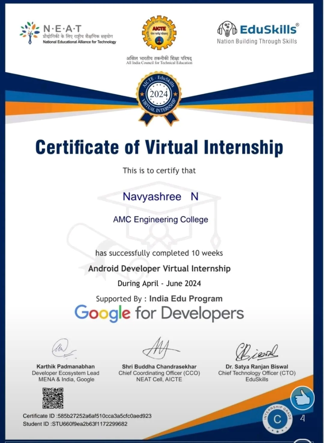 Android Developer Virtual Internship certificate