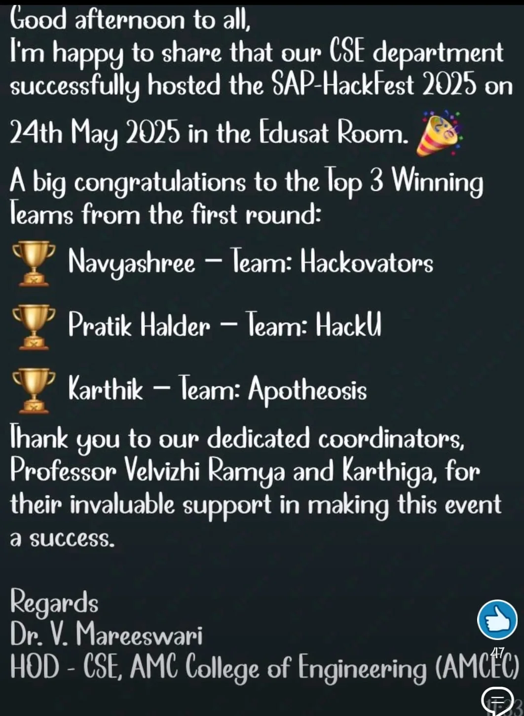 SAP HackFest 2025 top three teams announcement