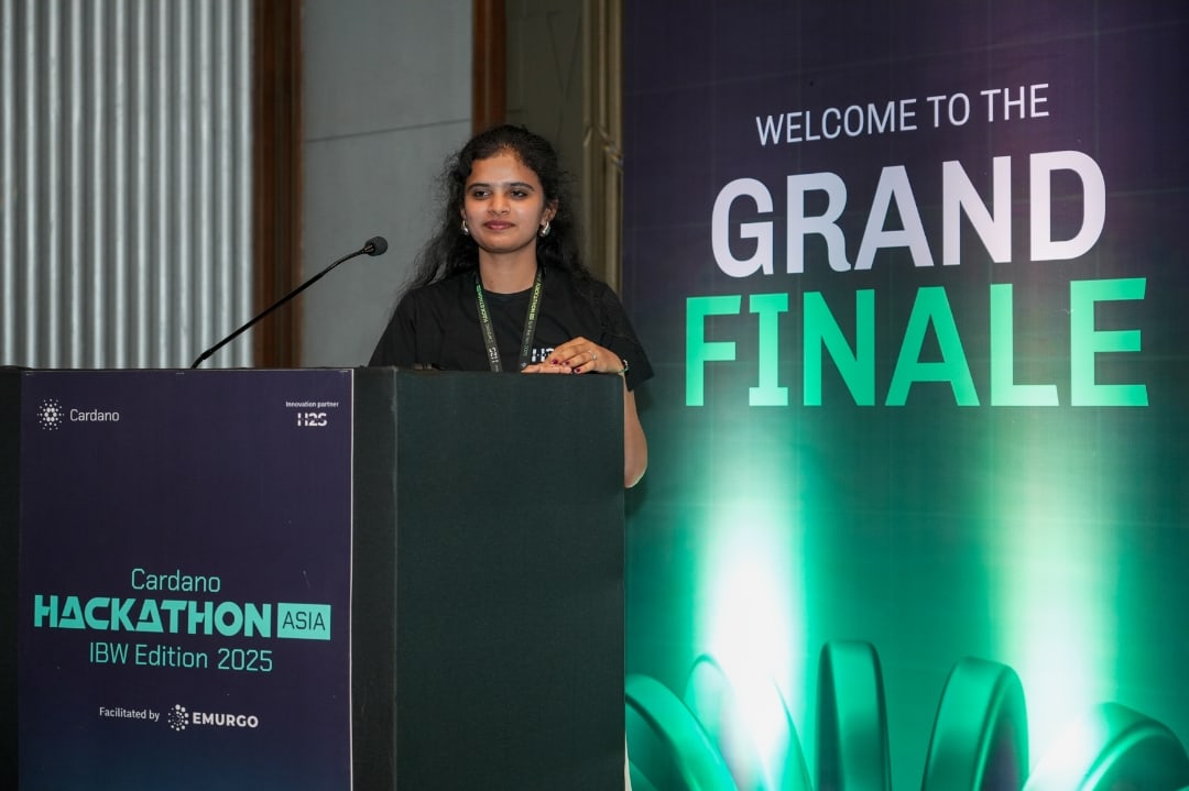 Navyashree N on stage at the Cardano Hackathon Asia grand finale